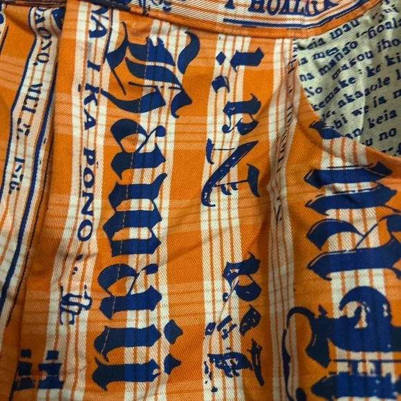 Orange palaka Kauluae Hawaii newsprint pants medium wide leg cropped - Picture 3 of 8
